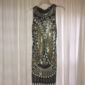 New Years gold, white and black bodycon dress